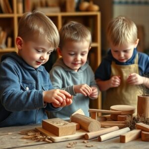 schoolkids building wood